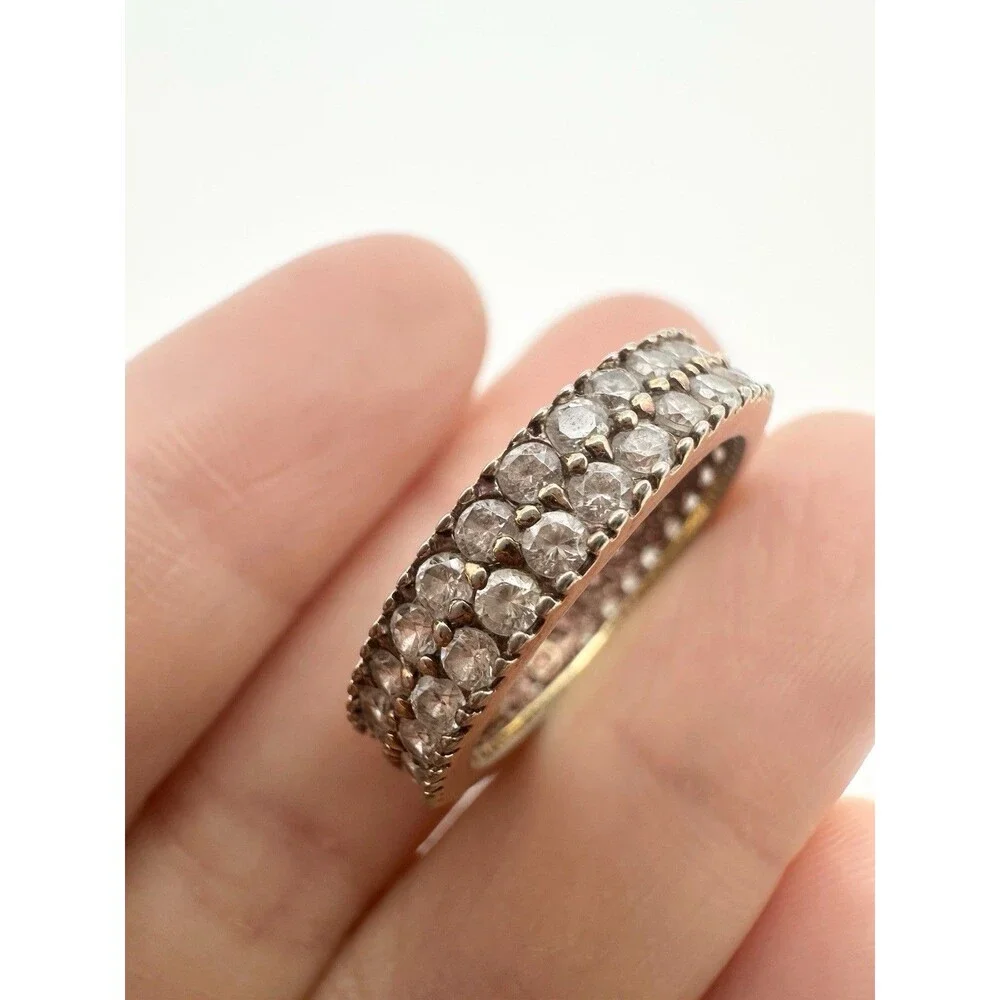 925 Sterling Silver Gold Vermeil Pave Eternity Ring Size 7